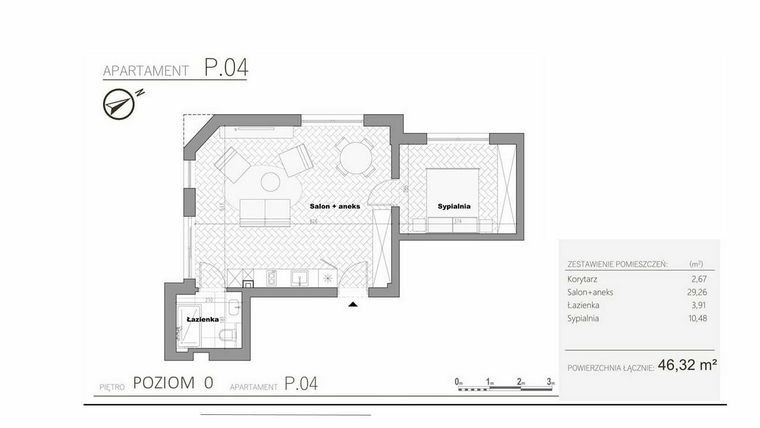 Rzut - Mieszkanie na sprzedaż 2 pokoje o powierzchni 46,32 m² - numer 0.4 w Villa Książąt Pomorskich