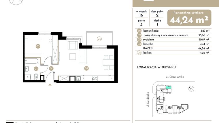 Rzut - Mieszkanie na sprzedaż 2 pokoje o powierzchni 44,24 m² - numer 16 w Moja Oszmiańska