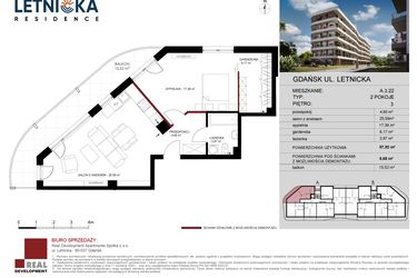 Rzut - Mieszkanie na sprzedaż 2 pokoje o powierzchni 57,92 m² - numer A.3.22 w Letnicka Residence