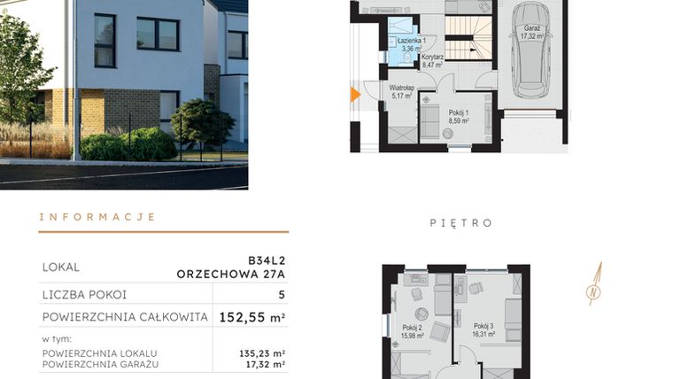 Rzut - Dom na sprzedaż 5 pokoi o powierzchni 152,55 m² - numer B34L2 w Szczodre etap V