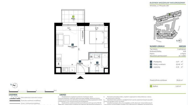 Rzut - Mieszkanie na sprzedaż 1 pokój o powierzchni 29,05 m² - numer AB0104 w Pilczycka Vita