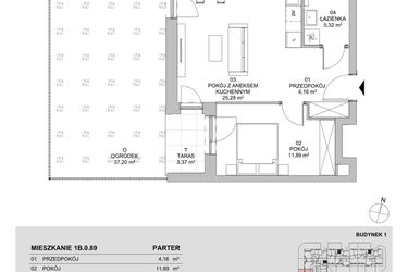 Rzut - Mieszkanie na sprzedaż 2 pokoje o powierzchni 46,65 m² - numer 1B.0.89 w Francuska Park VIIIB