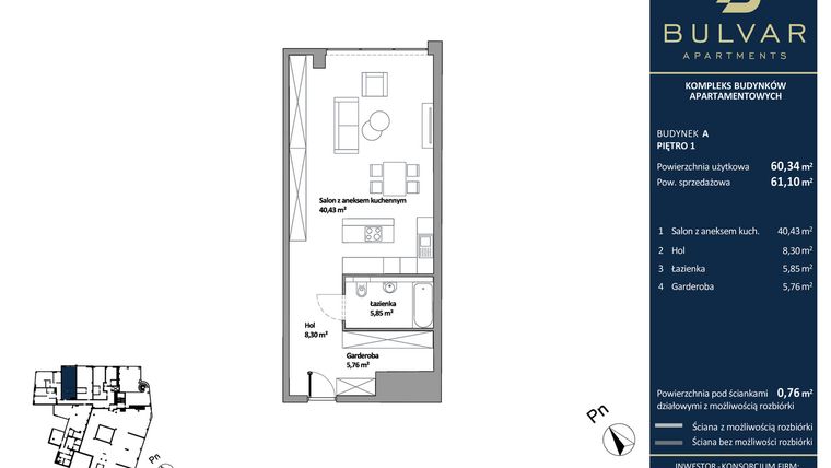 Rzut - Mieszkanie na sprzedaż 1 pokój o powierzchni 60,34 m² - numer A.102 w Bulvar Apartments - etap I