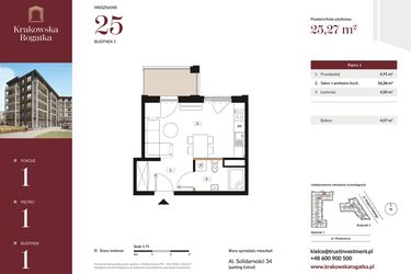 Rzut - Mieszkanie na sprzedaż 1 pokój o powierzchni 25,27 m² - numer 1.M25 w Krakowska Rogatka