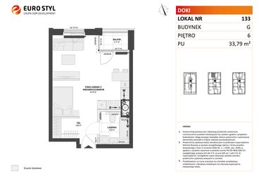 Rzut - Mieszkanie na sprzedaż 1 pokój o powierzchni 33,79 m² - numer G.133 w DOKI Living etap II