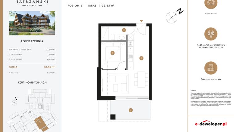 Rzut - Mieszkanie na sprzedaż 2 pokoje o powierzchni 33,65 m² - numer A20 w Tatrzański Resort
