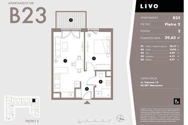 Rzut - Mieszkanie na sprzedaż 2 pokoje o powierzchni 39,63 m² - numer B23 w Livo