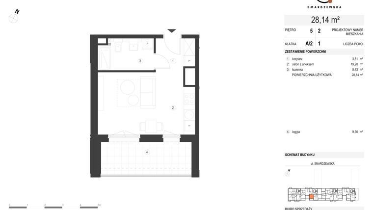 Rzut - Mieszkanie na sprzedaż 1 pokój o powierzchni 27,89 m² - numer A/2/5.2 w Smardzewska 8