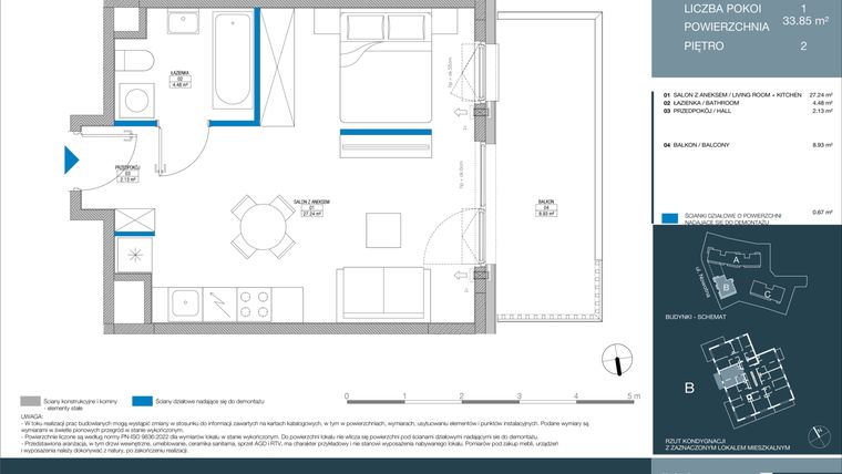 Rzut - Mieszkanie na sprzedaż 1 pokój o powierzchni 33,84 m² - numer B.1.3.5 w Meri Apartamenty