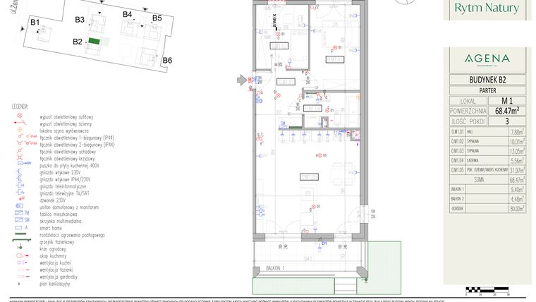 Rzut - Mieszkanie na sprzedaż 3 pokoje o powierzchni 68,47 m² - numer B2M1 w Rytm Natury