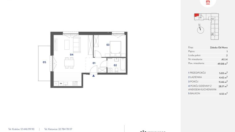 Rzut - Mieszkanie na sprzedaż 2 pokoje o powierzchni 49,08 m² - numer A1.1.4 w Mieszkaj w Mieście - Załęska od Nowa