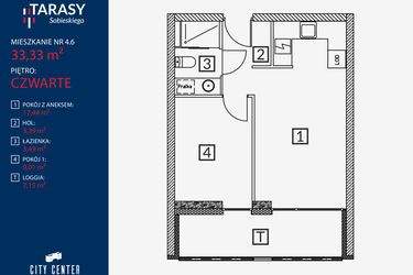Rzut - Mieszkanie na sprzedaż 2 pokoje o powierzchni 33,33 m² - numer B2.M.4.6 w Tarasy Sobieskiego