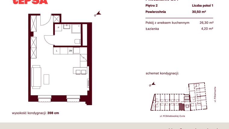 Rzut - Mieszkanie na sprzedaż 1 pokój o powierzchni 30,5 m² - numer M201 w Tepsa Kato