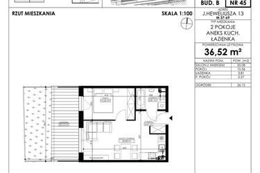Rzut - Mieszkanie na sprzedaż 2 pokoje o powierzchni 36,52 m² - numer JAR-II-B-LM-M45 w Osiedle JAR Heweliusza etap II