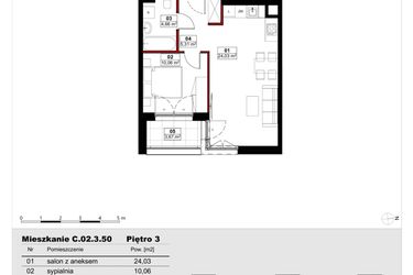 Rzut - Mieszkanie na sprzedaż 2 pokoje o powierzchni 44,06 m² - numer C02.3.50 w Skwer Witosa