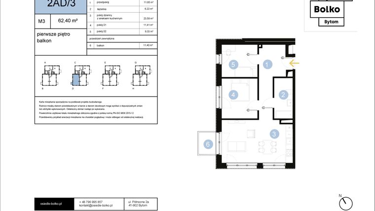 Rzut - Mieszkanie na sprzedaż 3 pokoje o powierzchni 62,4 m² - numer 2AD/3 w Osiedle Bolko etap II