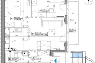 Rzut - Mieszkanie na sprzedaż 3 pokoje o powierzchni 61,55 m² - numer 42B w Osiedle Młodych etap V