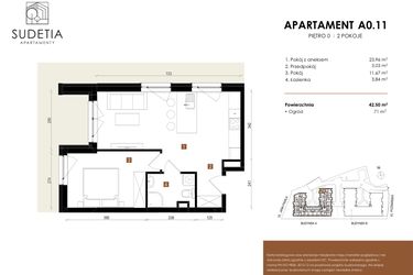 Rzut - Mieszkanie na sprzedaż 2 pokoje o powierzchni 42,5 m² - numer A 0.11 w Apartamenty Sudetia