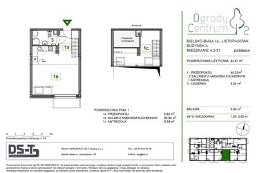 Rzut - Mieszkanie na sprzedaż 1 pokój o powierzchni 44,87 m² - numer A.3.31 w Ogrody Centrum 2