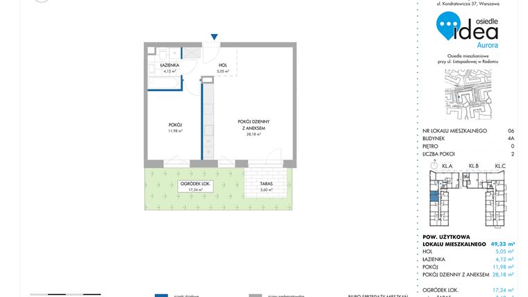 Rzut - Mieszkanie na sprzedaż 2 pokoje o powierzchni 49,33 m² - numer 6.4A w Osiedle Idea Aurora