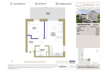 Rzut - Mieszkanie na sprzedaż 2 pokoje o powierzchni 37,23 m² - numer M36 w Barbary 19