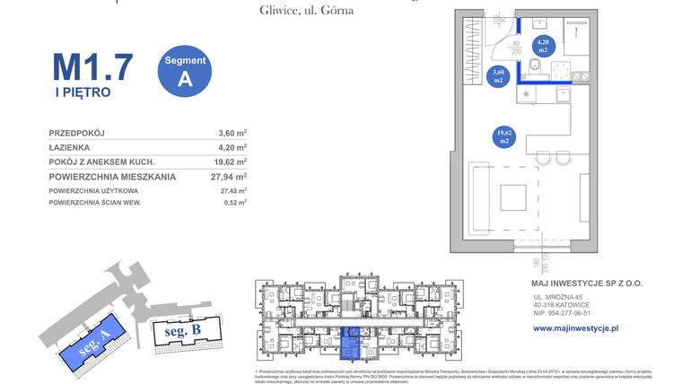 Rzut - Mieszkanie na sprzedaż 1 pokój o powierzchni 27,94 m² - numer M1.7 w Osiedle Majowe 2.0 etap II