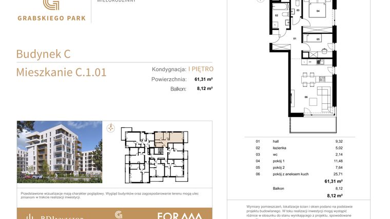 Rzut - Mieszkanie na sprzedaż 3 pokoje o powierzchni 61,31 m² - numer C.1.01 w Grabskiego Park