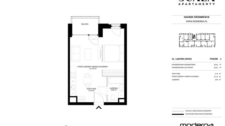 Rzut - Mieszkanie na sprzedaż 1 pokój o powierzchni 36,02 m² - numer K-62 (C) w Scala