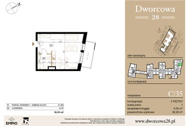 Rzut - Mieszkanie na sprzedaż 1 pokój o powierzchni 36,61 m² - numer C35 w Dworcowa 28