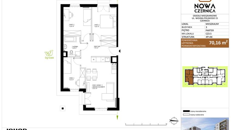 Rzut - Mieszkanie na sprzedaż 4 pokoje o powierzchni 70,16 m² - numer CZ3.5 w Nowa Czernica - etap II