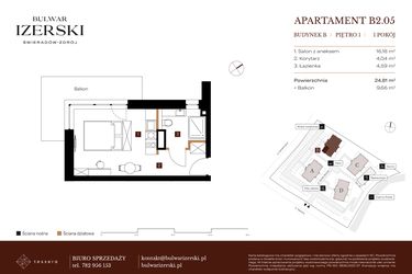 Rzut - Mieszkanie na sprzedaż 1 pokój o powierzchni 24,81 m² - numer B2.05 w Bulwar Izerski