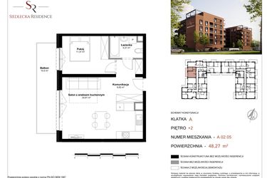 Rzut - Mieszkanie na sprzedaż 2 pokoje o powierzchni 48,27 m² - numer A-02-05 w Siedlecka Residence