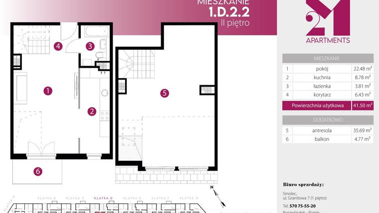 Rzut - Mieszkanie na sprzedaż 2 pokoje o powierzchni 77,19 m² - numer 1.D.2.2 w 2M Apartments etap IV