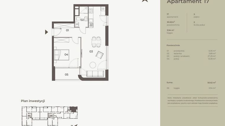 Rzut - Mieszkanie na sprzedaż 2 pokoje o powierzchni 50,62 m² - numer 17 w Monument