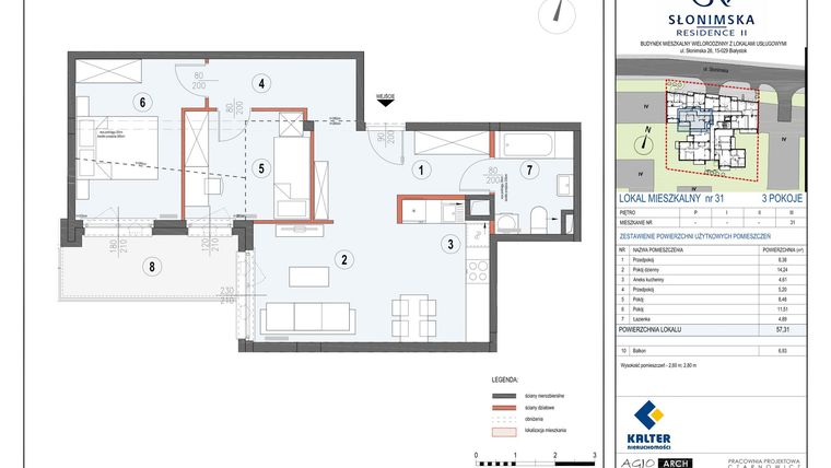 Rzut - Mieszkanie na sprzedaż 3 pokoje o powierzchni 57,31 m² - numer M31 w Słonimska Residence II