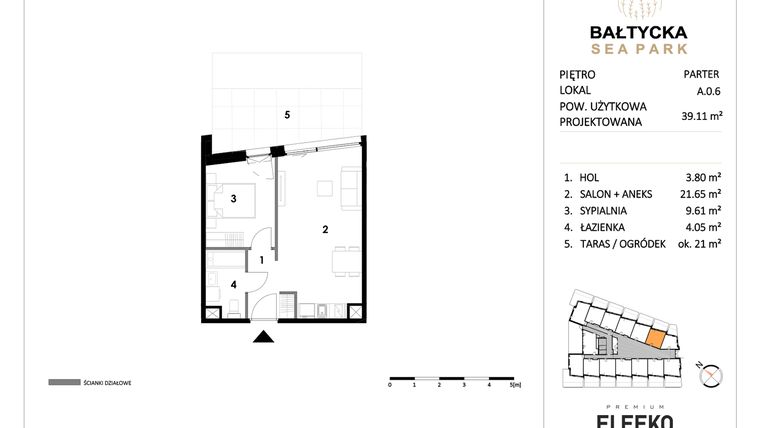 Rzut - Mieszkanie na sprzedaż 2 pokoje o powierzchni 39,11 m² - numer A.0.6 w Bałtycka Sea Park