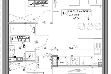 Rzut - Mieszkanie na sprzedaż 3 pokoje o powierzchni 56,89 m² - numer 14B w Osiedle Młodych