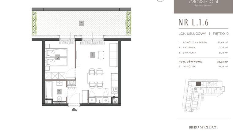 Rzut - Mieszkanie na sprzedaż 2 pokoje o powierzchni 35,03 m² - numer L.1.6 w Zamoyskiego 31