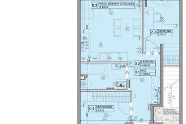 Rzut - Mieszkanie na sprzedaż 3 pokoje o powierzchni 46,34 m² - numer 85 w Manufaktura Marki 2 etap IV