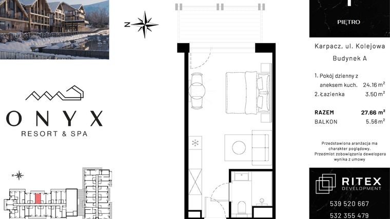 Rzut - Mieszkanie na sprzedaż 1 pokój o powierzchni 27,66 m² - numer 01.A15 w Onyx Resort & Spa
