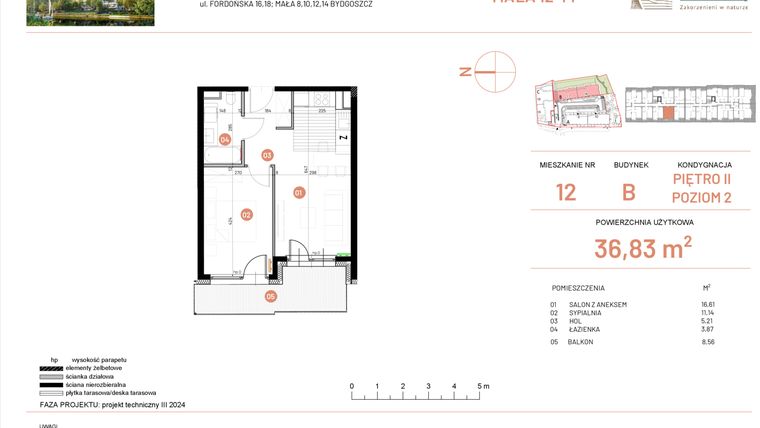 Rzut - Mieszkanie na sprzedaż 2 pokoje o powierzchni 36,83 m² - numer 12.12 w Osiedle Nowe Horyzonty etap III