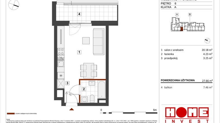 Rzut - Mieszkanie na sprzedaż 1 pokój o powierzchni 27,66 m² - numer B1-A044 w Warszawski Świt etap VIII