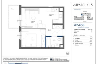 Rzut - Mieszkanie na sprzedaż 2 pokoje o powierzchni 36,56 m² - numer C.P1.54 w Mirabelki 5