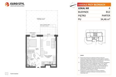 Rzut - Mieszkanie na sprzedaż 2 pokoje o powierzchni 34,46 m² - numer B12.4 w Osiedle Przy Błoniach 3 etap IV