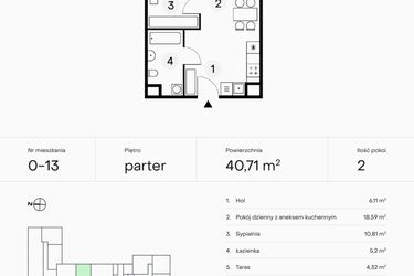 Rzut - Mieszkanie na sprzedaż 2 pokoje o powierzchni 40,71 m² - numer 0-13 w Pączka 1