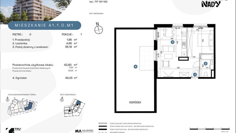 Rzut - Mieszkanie na sprzedaż 1 pokój o powierzchni 42,8 m² - numer A1.1.0.M1 w Nowe Promenady