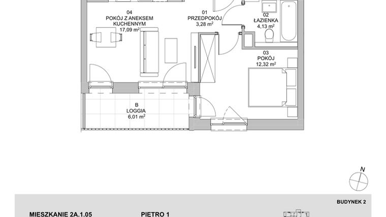 Rzut - Mieszkanie na sprzedaż 2 pokoje o powierzchni 36,82 m² - numer 2A.1.05 w Francuska Park VIIIA