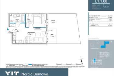 Rzut - Mieszkanie na sprzedaż 2 pokoje o powierzchni 40,5 m² - numer L1.1.08 w Nordic Bemowo - etap III
