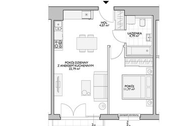 Rzut - Mieszkanie na sprzedaż 2 pokoje o powierzchni 44,58 m² - numer WO/P33/54 w Wiszące Ogrody