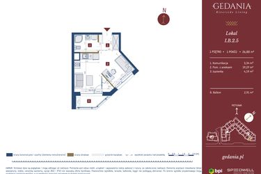 Rzut - Mieszkanie na sprzedaż 1 pokój o powierzchni 26,8 m² - numer I.B.2.5 w GEDANIA Riverside Living - apartamenty inwestycyjne